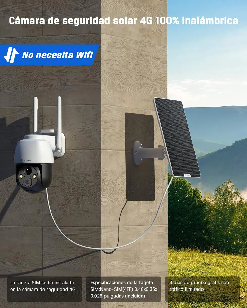 COCOCAM 4G LTE Camara Vigilancia Exterior Solar Sin WiFi con Tarjeta SIM, 2K PTZ Inalámbrico, 10000mAh, 6W Panel Solar, Detección Humana PIR, Reconocimiento AI, IP66, Funciona con Alexa