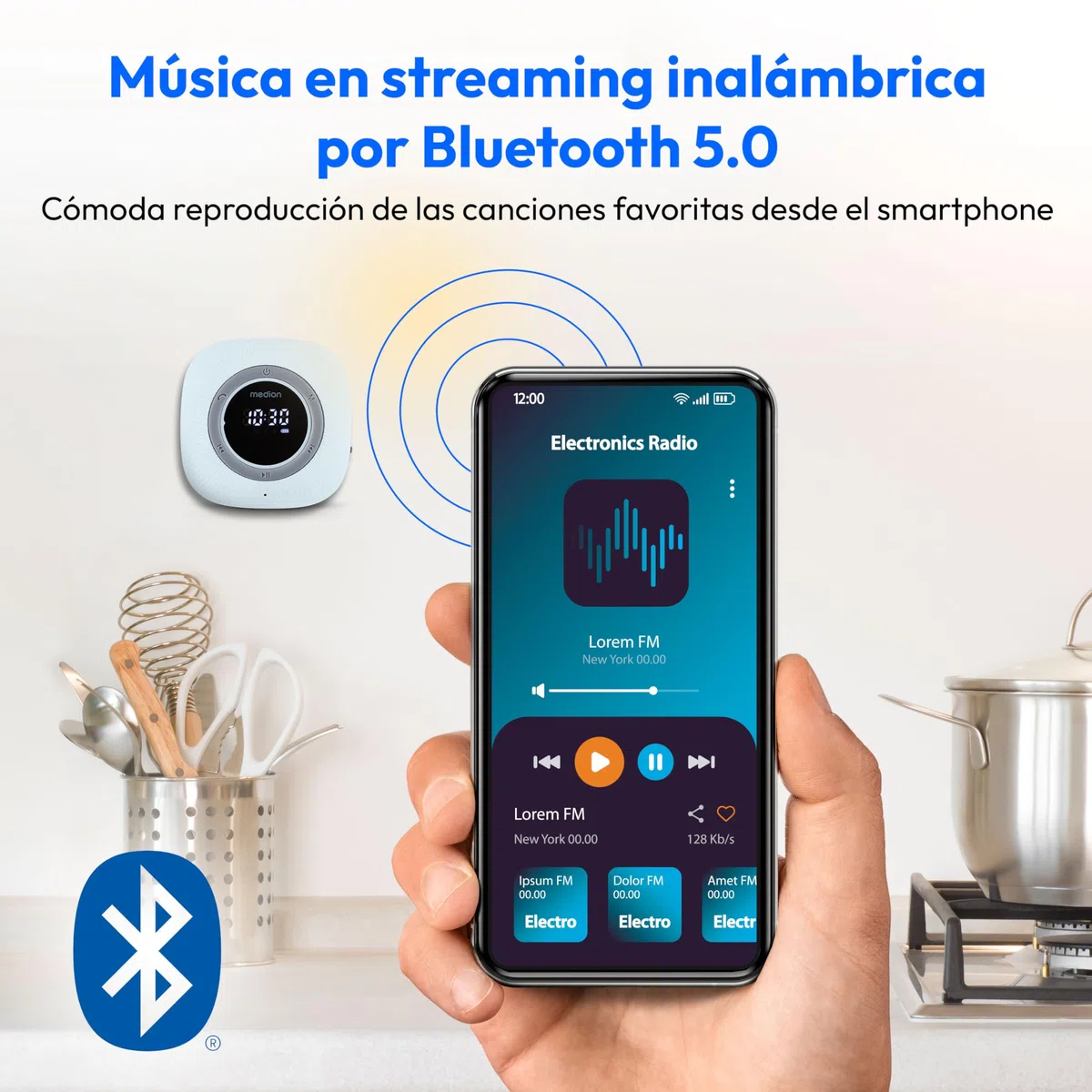 MEDION P66096 Radio de Ducha con Bluetooth (Radio de baño, Radio FM, Ventosa, Pantalla LED, Impermeable IPX6, batería Recargable integrada, MD43884) Azul