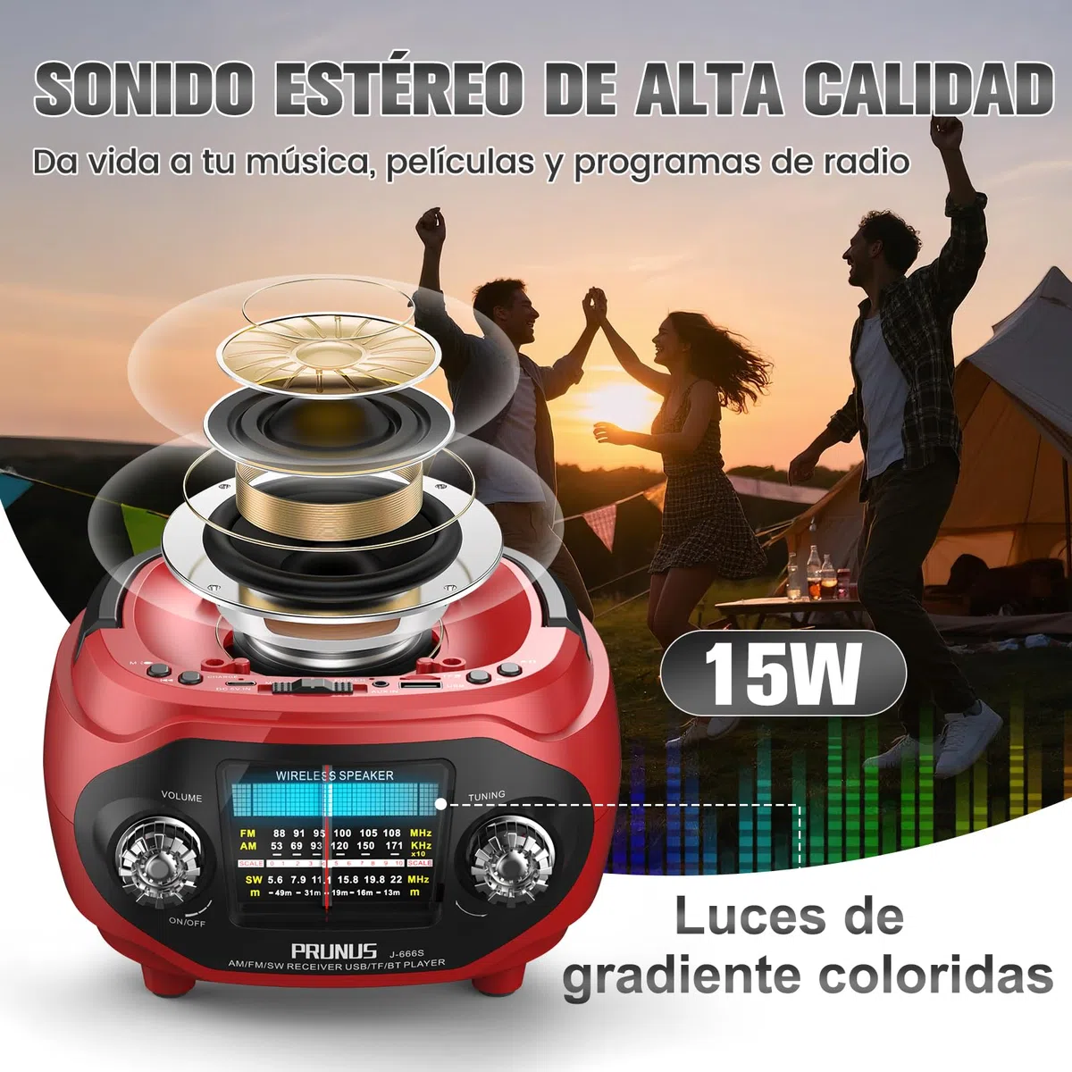 PRUNUS J-666 Transistor Radio Portatil FM/Am/SW, Radio Solar y Recargable de 1800mAh, Radios Bluetooth con Altavoz 15W, Graves Potentes y Sonido Estéreo, Soporta USB/TF/AUX, para Cocina/Salón/Jardín.