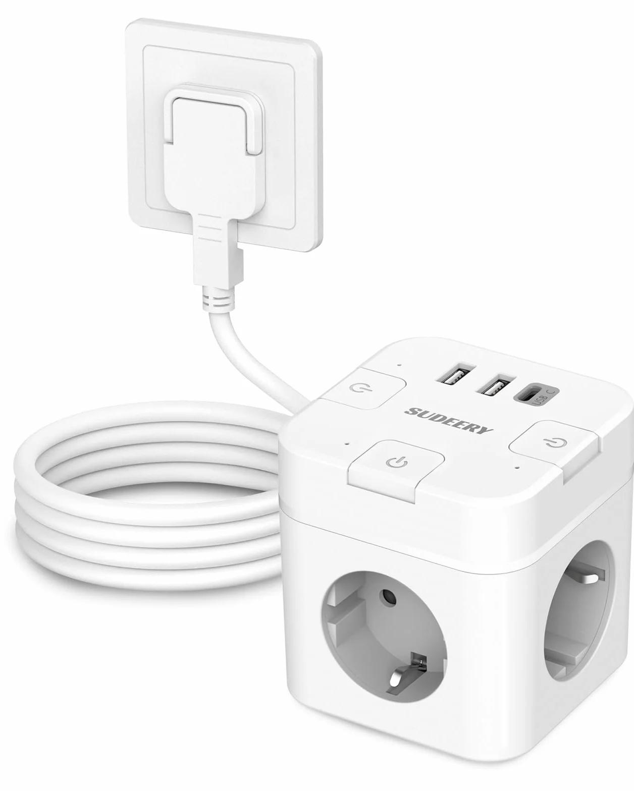 SUDEERY Enchufe 6 en 1 cubo con USB C,regleta de 3 enchufes,enchufe plano con conmutable individual,enchufe múltiple con cable de 2m,1 conector múltiple tipo C USB para oficina, casa, viajes (blanco)