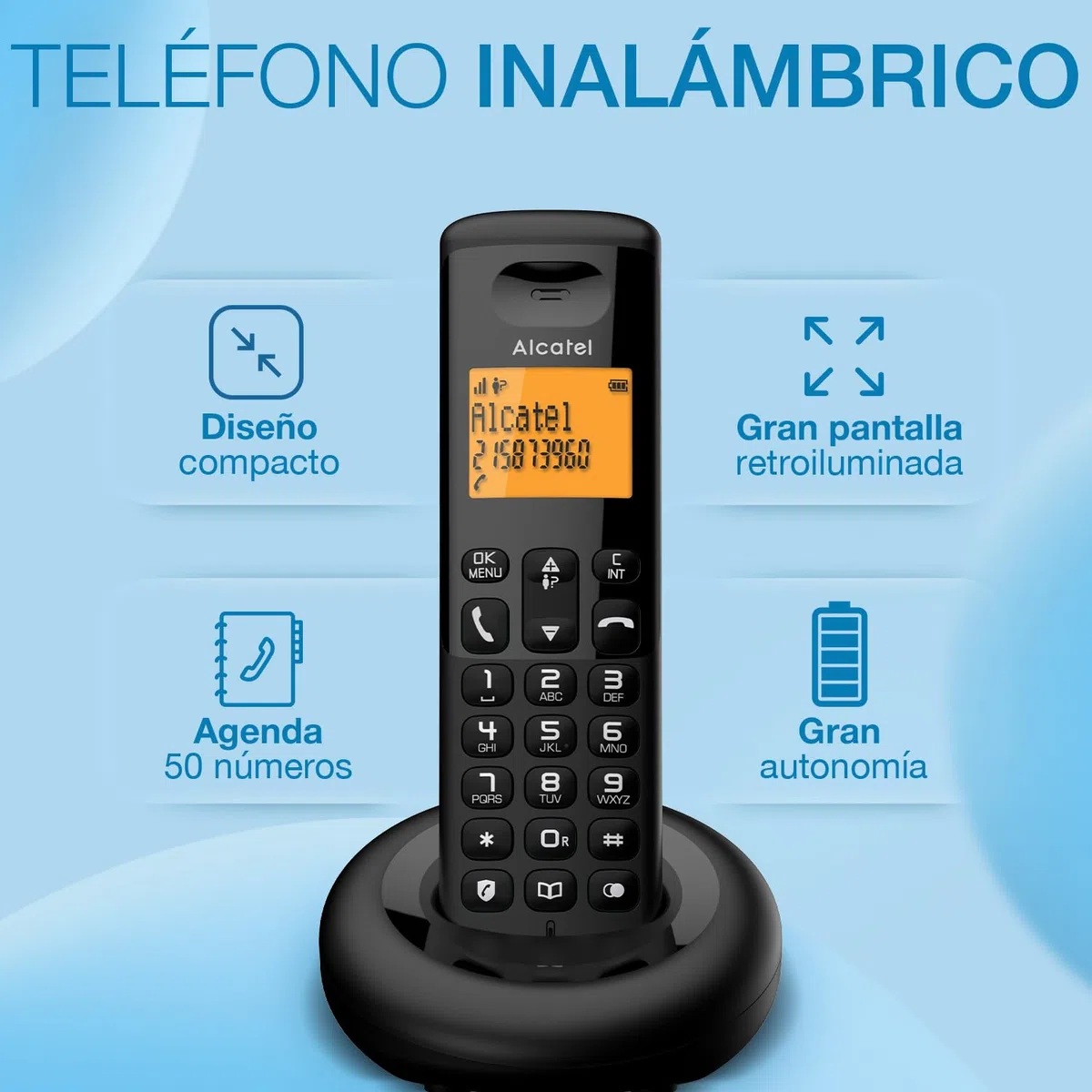 ALCATEL E160 Dúo - Teléfono Inalámbrico DECT - Diseño Compacto - Gran Pantalla Retroiluminada - Bloqueo de Llamadas No Deseadas - 3 Memorias Directas - 2 terminales - Negro