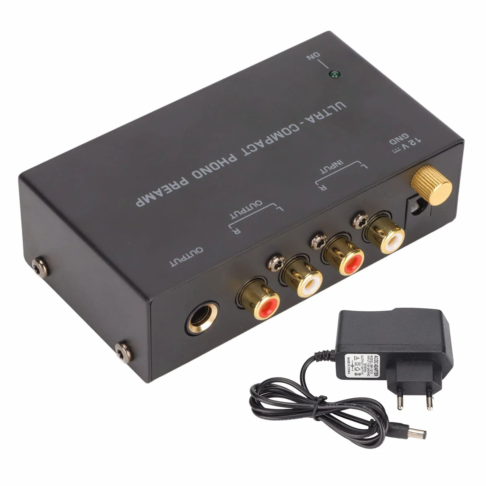 Preamplificador de Tocadiscos Phono con Adaptador de Corriente de 12 V CC y Ganancia Dual, Operación de bajo Ruido, Alta Sensibilidad para Tocadiscos, Plug and Play (Enchufe de