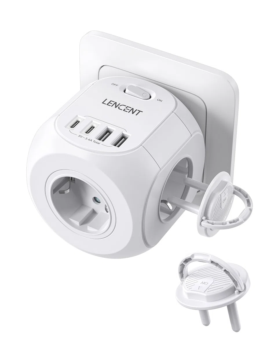 LENCENT Enchufe Cubo, Ladron Enchufe con 4 Tomas de CA, 2 USB-A, 2 Tipo-C y 2 Cubiertas Protectoras, Enchufe Multiple Pared con Interruptor, Cargador USB para Hogar, Oficina