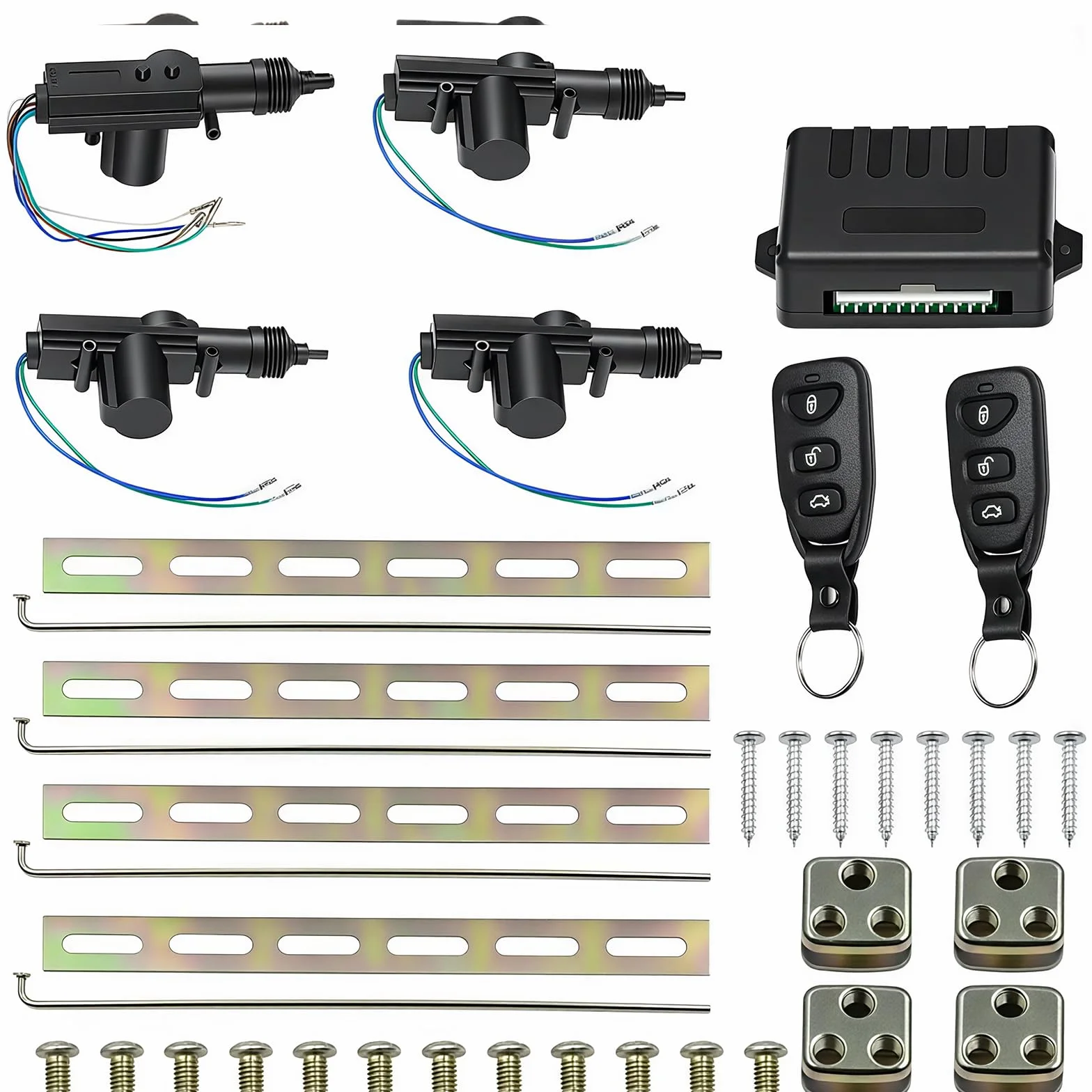 Cierre Centralizado Universal Coche 12V Kit con 2 Mandos de Garaje Universales (50-80M), 4 Actuadores de Cerradura de Puertas, Alarma Para Coche y BotóN de LiberacióN de Equipaje, Acceso Sin Llaves
