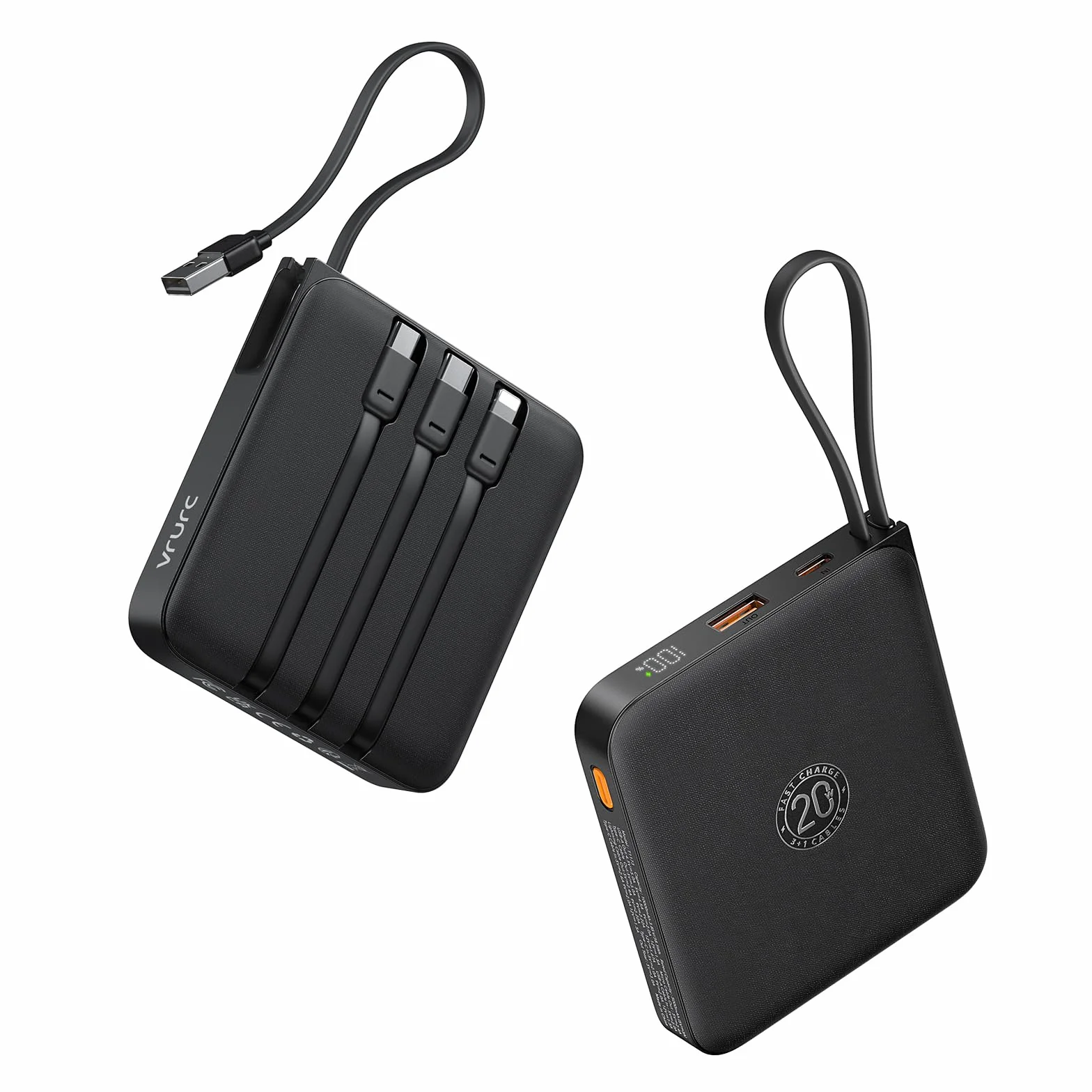 VRURC Power Bank 20000mAh, Power Bank con Cables Integrados, Batería de Carga Rápida USB C de 22,5 W, Pantalla LED para iPhone 15 14 iPad Samsung Galaxy S23 Google Android Phone - Negro