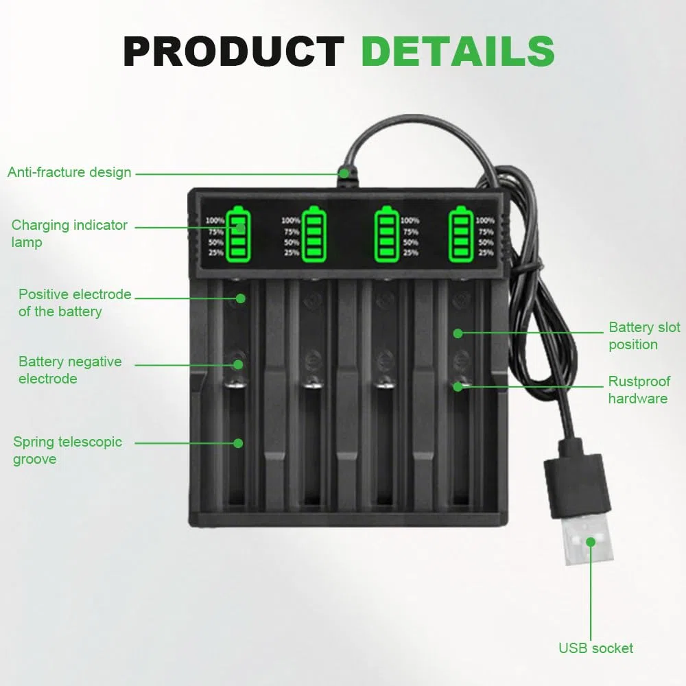 4PCS Pilas Recargables 3.7V, 2200mAh | Button Top Li-Ion Recargable Batería Adecuado con Cargador de 4 Ranuras, para Linterna Frontal, Dispositivos Electrónico