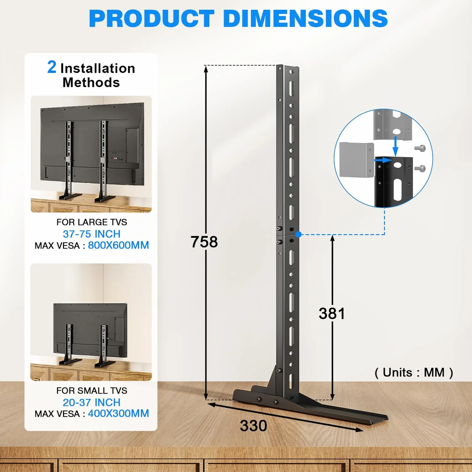 TVON Soporte TV Pie Patas TV Universal de 20-70 Pulgadas Pantallas，Soporte para Television Espacio-ahorrador，Soporte de Pantalla Mesa para TVs Capacidad hasta 50kg，MAX VESA 800x600mm