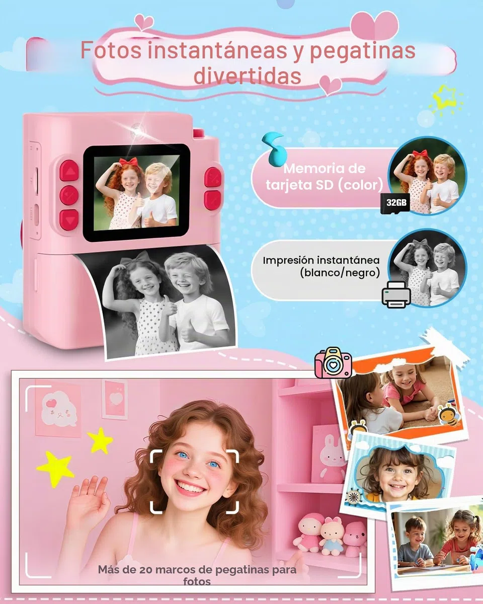Camara Fotos Infantil Instantanea, 1080P HD Cámara Instantánea para Niños con Tarjeta de 32G y Papel Fotográfico, Cámara de Fotos Infantil Regalos de Juguete para Niños de 3 a 12 Años