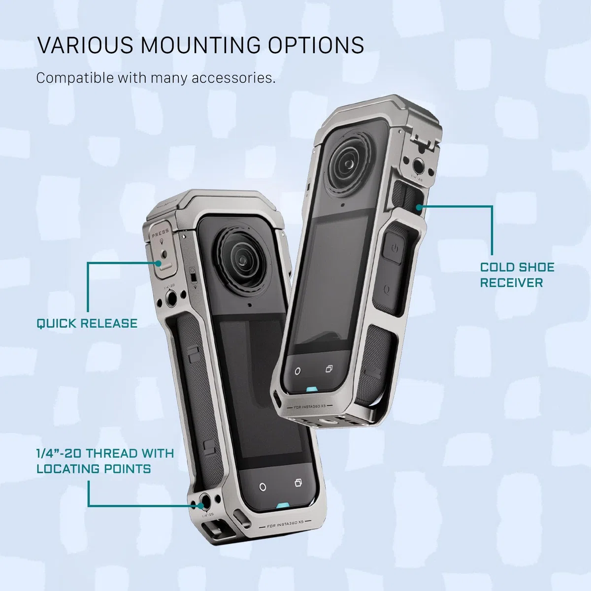 Tilta Jaula Insta360 X5, Jaula Completa para Cámara Compatible con Insta360 X5 con Roscas de 1/4”-20, Receptor de Zapata Fría - Gris Titanio TA-T90-FCC-TG