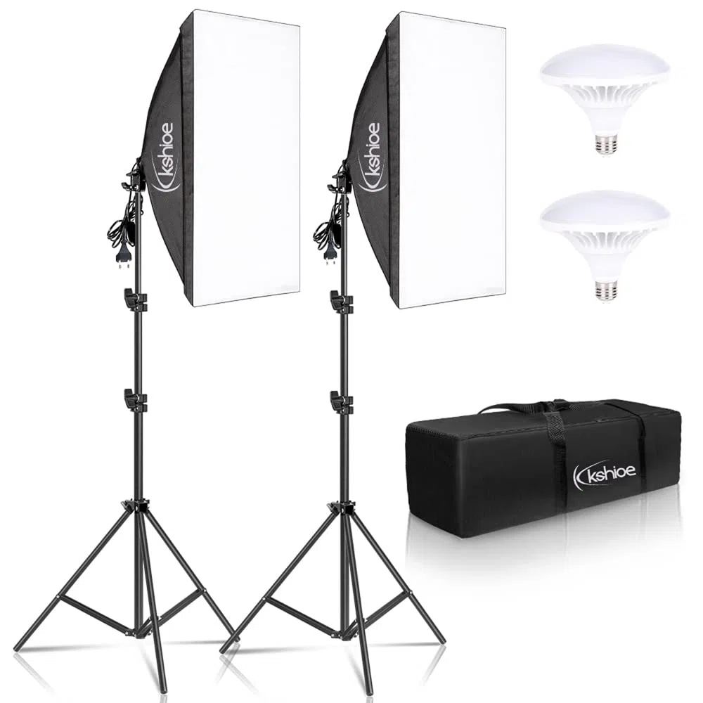 Bonnlo Kit de luz Softbox para Estudio fotográfico, Softbox de 50 x 70 cm con Base E27 y 2 Bombillas LED 5500K, trípodes de Aluminio Ajustables en Altura, Incluye Bolsa de Transporte