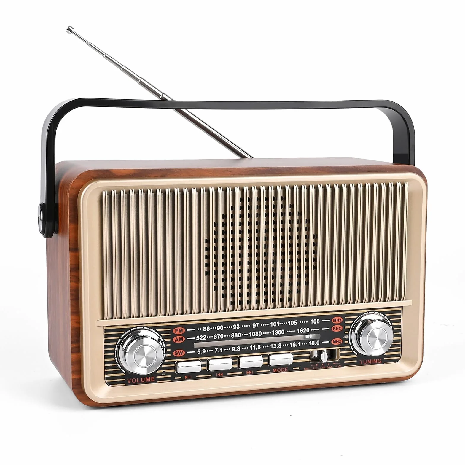 Radio Vintage Portátil Am/FM/SW con Batería Recargable y Funcionamiento a Pilas, Bluetooth, Reproducción USB/TF/AUX, Radio Antigua Vintage para Casa, Jardín y Camping