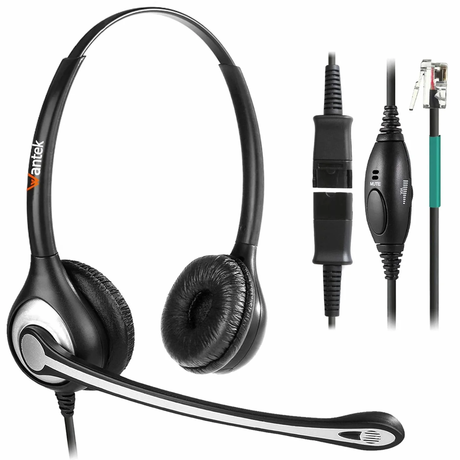 Auriculares Teléfono Fijo RJ9 Dual, Micrófono con Cancelación de Ruido, Quick Disconnect, WANTEK Cascos con Control de Volumen para ShoreTel Plantronics Polycom NEC Nortel Norstar Meridian(602QS2)
