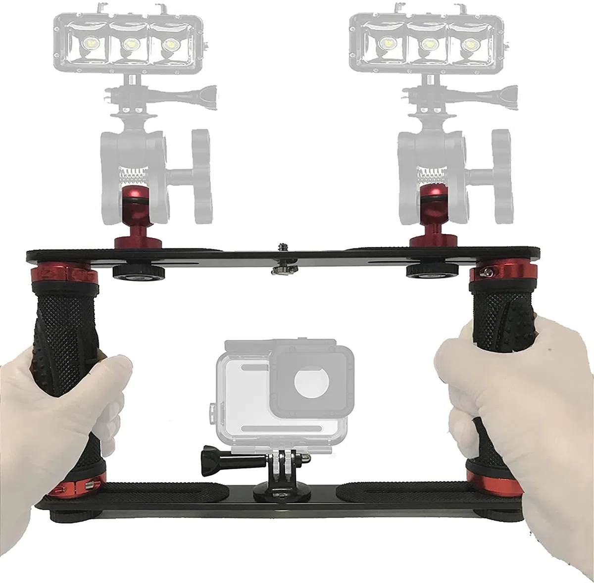 Soporte estabilizador de Mano subacuático de aleación de Aluminio, Bandeja de Soporte de luz de Buceo con Dos Asas de Bola de 1 Pulgada para cámara de acción y Cualquier Otra cámara con Agujero de