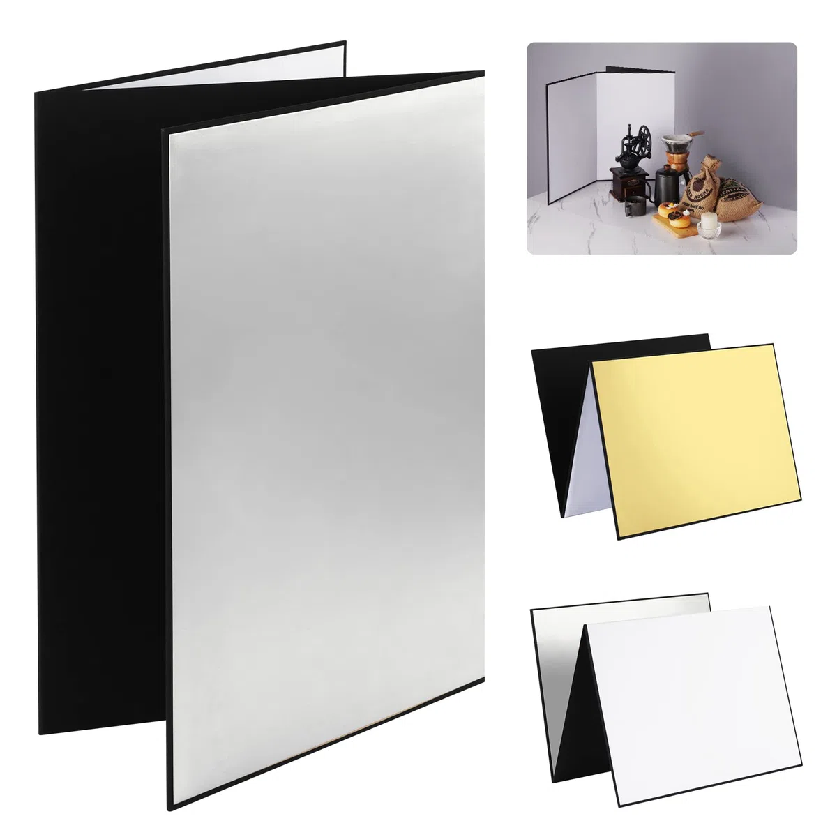 Selens Reflector de luz 4 en 1, difusor de cartón, fotografía, 42 x 29,7 cm, tablero plegable para el producto, accesorios de alimentos, joyería, fotografía, plata/blanco/oro/negro, A3