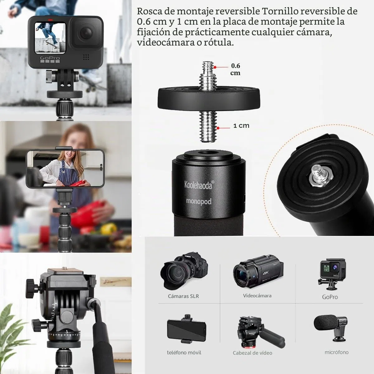 Koolehaoda Monopie de Aluminio para cámara con Base de trípode metálica. 6 Secciones, Ajustable de 42 a 177 cm. Diámetro de Las Patas: 28 mm. Soporta hasta 10 kg. - Negro.