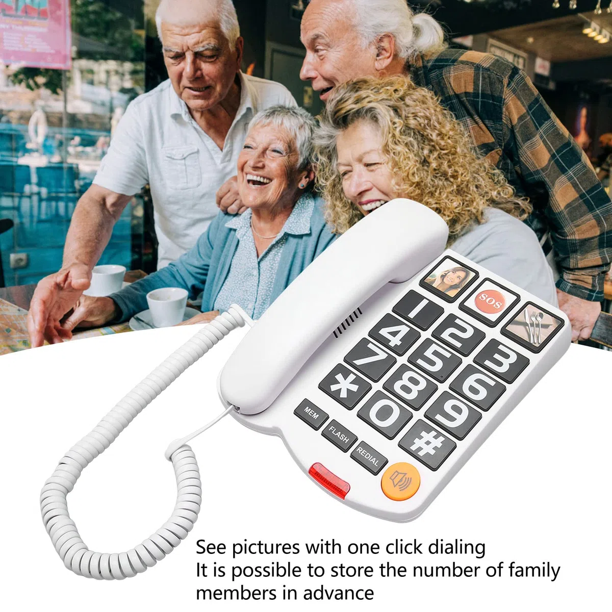 Teléfono con Botón Grande para Obsequios para Personas Mayores, Teléfono Fijo con Cable con Botón SOS, Tonos de Llamada con Altavoz Alto, Marcación Rápida con un Solo Toque, (Blanco)