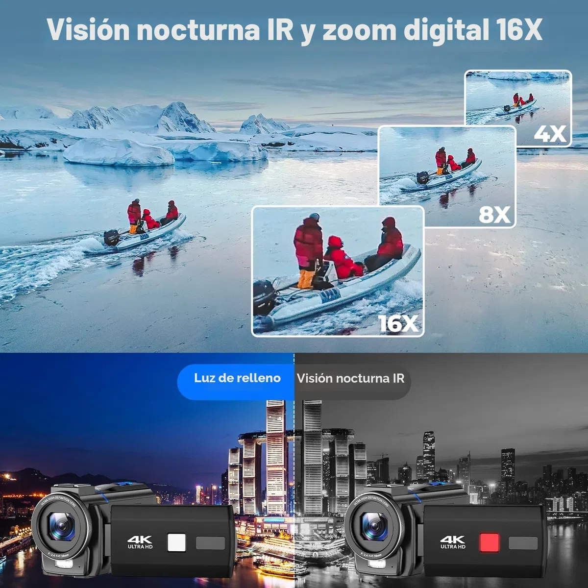 Cámara de vídeo 4K 48MP Videocámara 16X Zoom Digital IR con Pantalla táctil giratoria 270° y Tarjeta SD 32GB