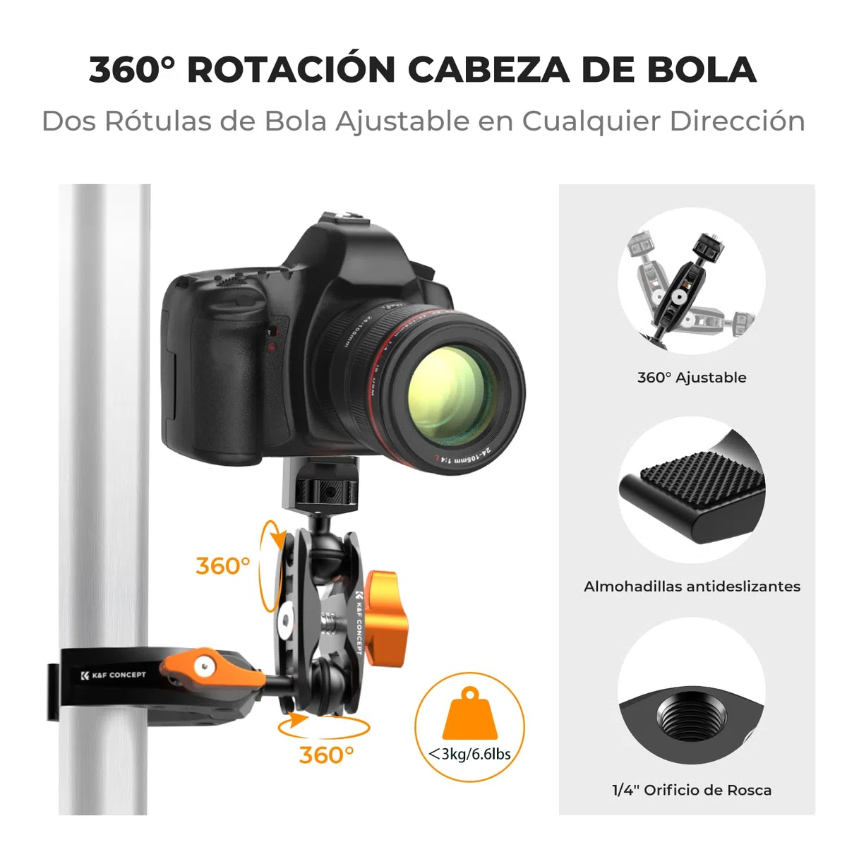K&F CONCEPT Brazo Mágico con Súper Abrazadera，Magic Arm con Super Clamp Pinza y Cabeza Esférica de 360° Compatible con Cámara/Estabilizador/Teléfono Móvil/GO Pro/dji Action, Carga Máxima:3KG