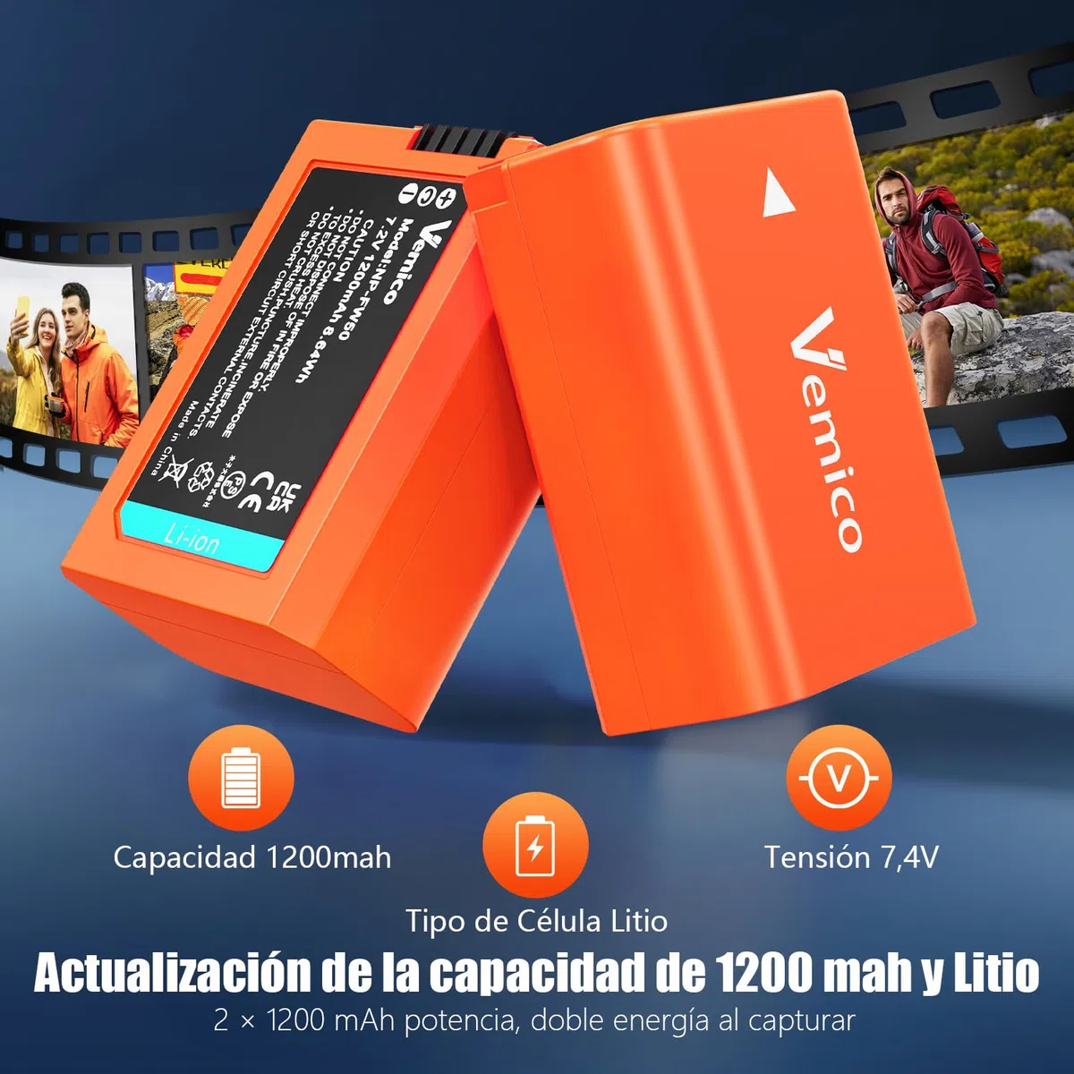 Vemico NP-FW50 Batería de Cargador Kit 2x1200mAh Batería de Repuesto con LCD Doble Tipo-C Cargador para ZV-E10 Alpha 7 7ii 6500 6400 6300 6000 5100 NEX-7 NEX-6 NEX-F3 NEX-3 NEX-5 SLT A55V