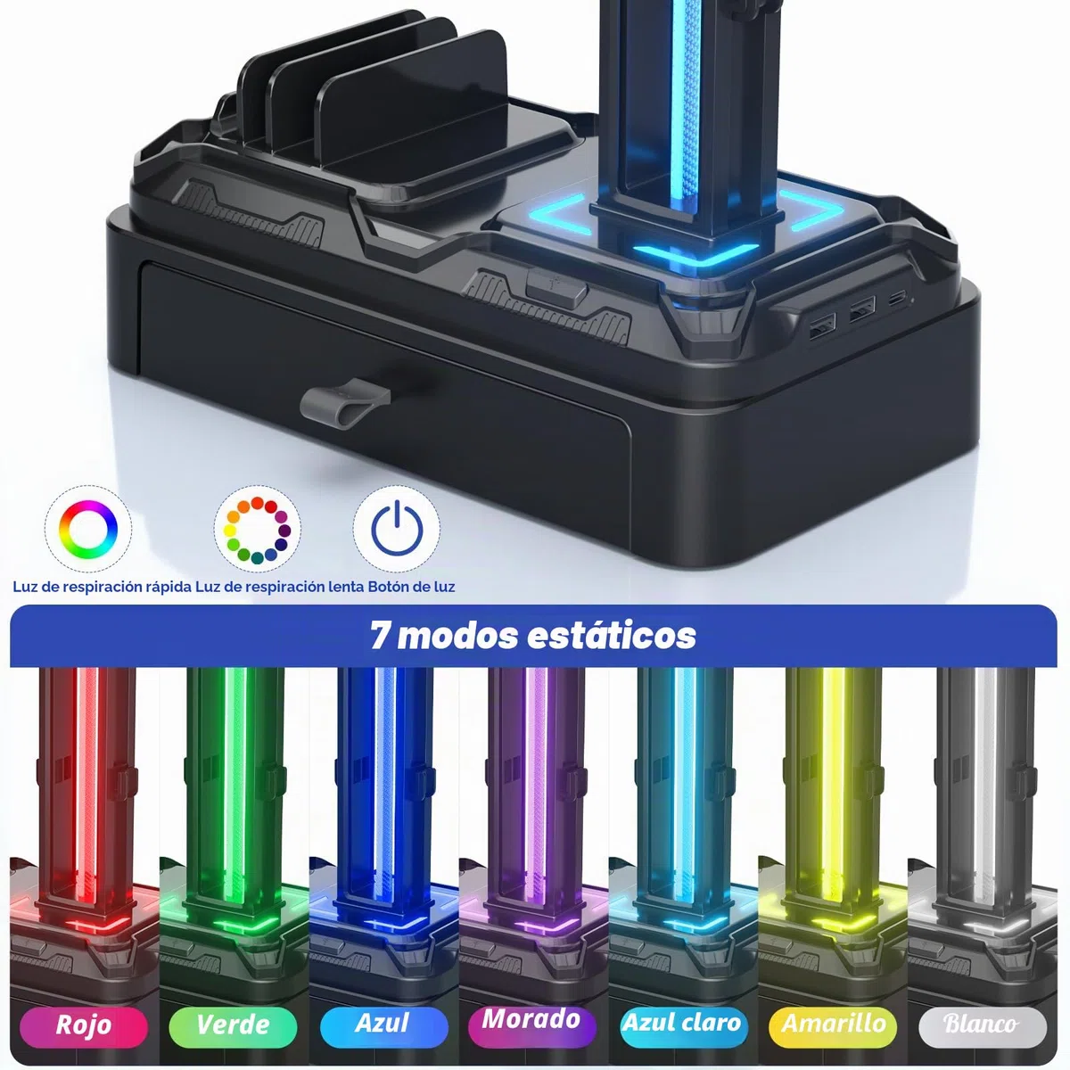 KDD Soporte Auriculares Gaming con Cargadores USB A Tip C, Soporte Cascos Gaming & Soporte Mandos PS5 Extraíble con Cajón para Móviles Tabletas para Escritorio Gamer Accesorios Gaming PC