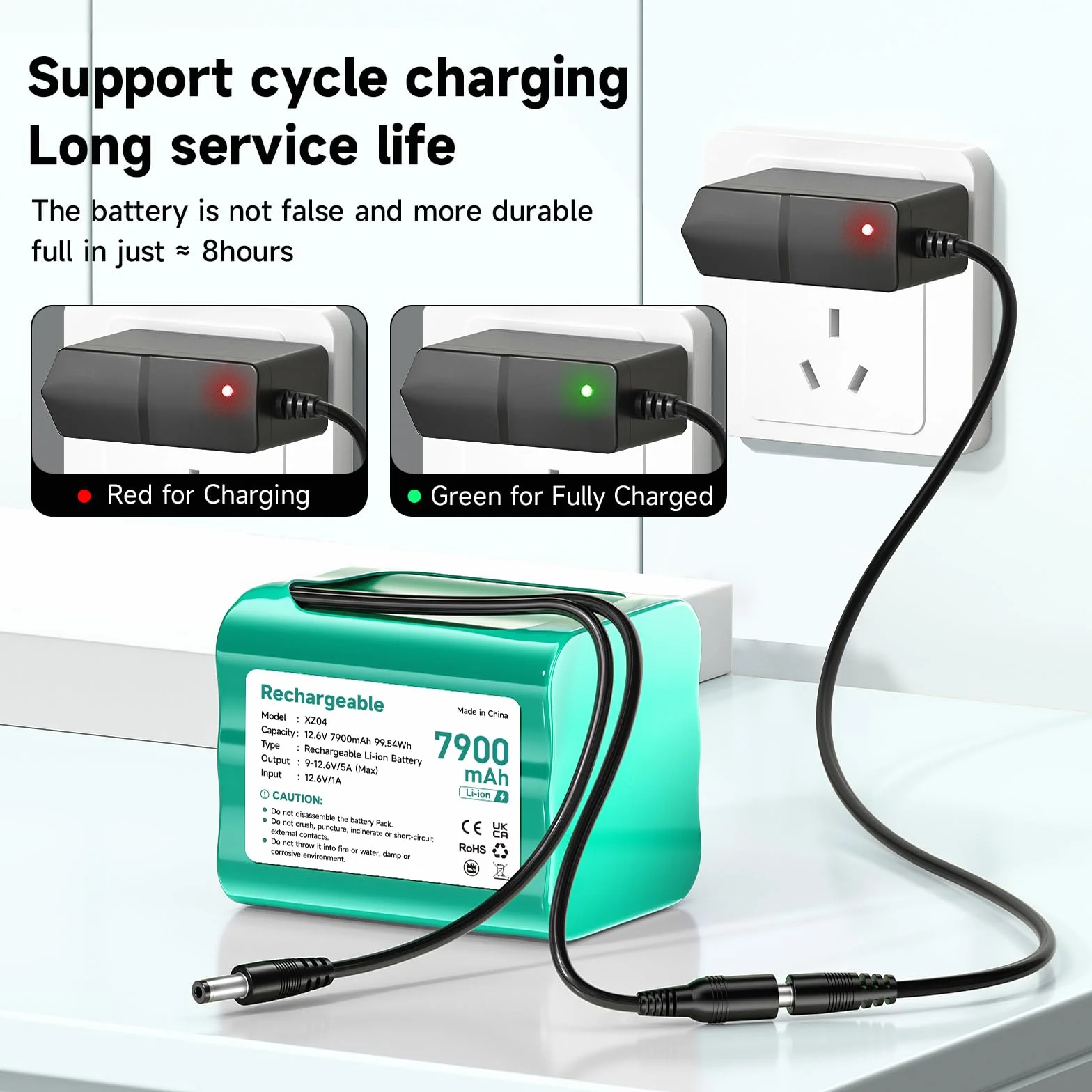 Batería 12V 7900mAh Dab Radio 12.6V Batería Litio con Adaptador de Cargador y Conector y línea de conexión, para Sonido, Faros Traseros, iluminación de Bicicletas, setpiano, Sonar, Sonar