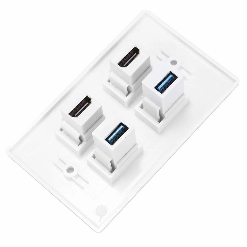 Fditt 2 puertos HDMI y USB Placa de panel de pared Keystone HDMI Hembra a hembra Hebilla de montaje Salida de pared Cargador USB Placas de pared con tapa