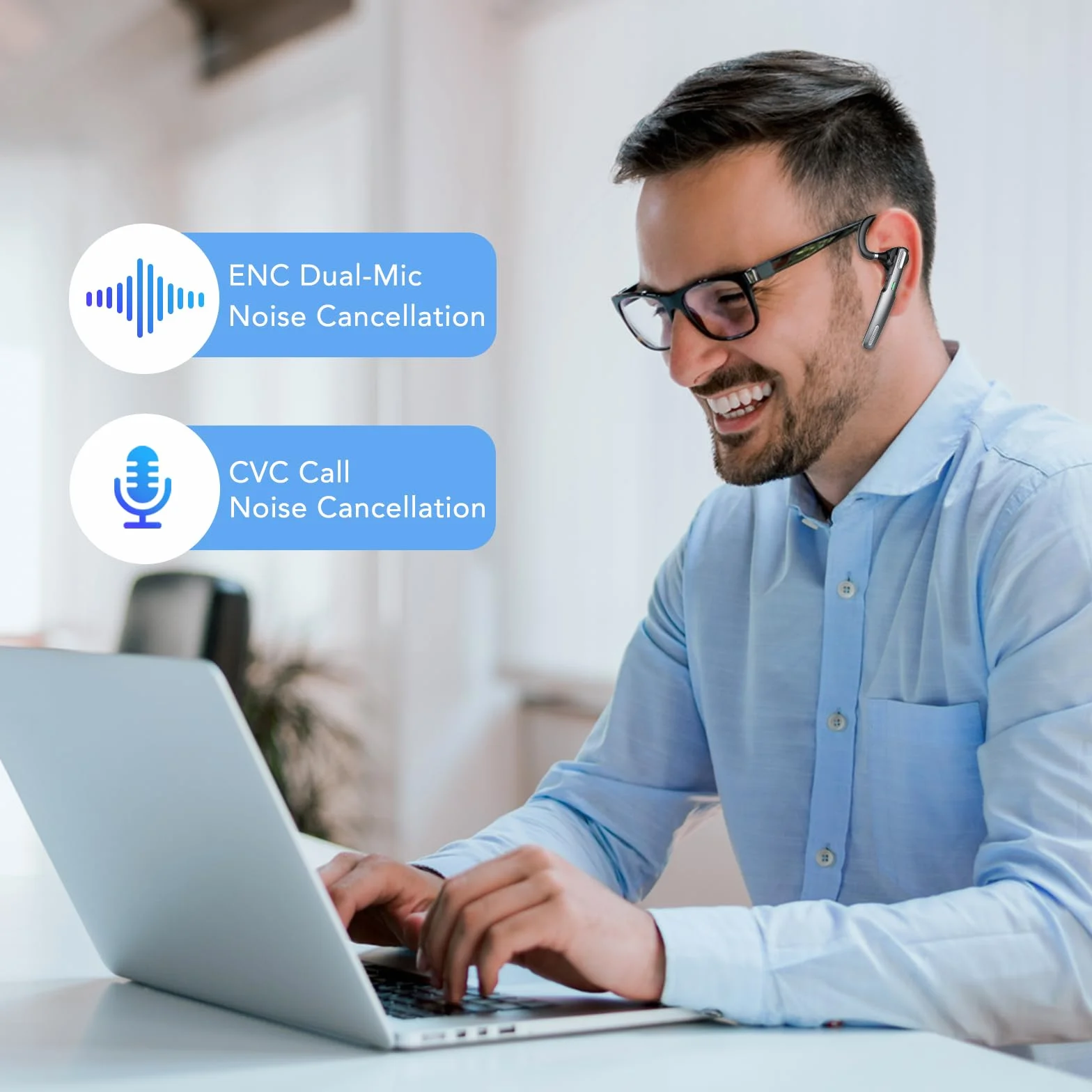 Auricular Inalámbrico Bluetooth V5.3 con HD CVC8.0 micrófono cancelación, Manos Libres Auricular Bluetooth con LED, 100 Horas de Tiempo de Conversación para Conducir/Negocios/Oficina