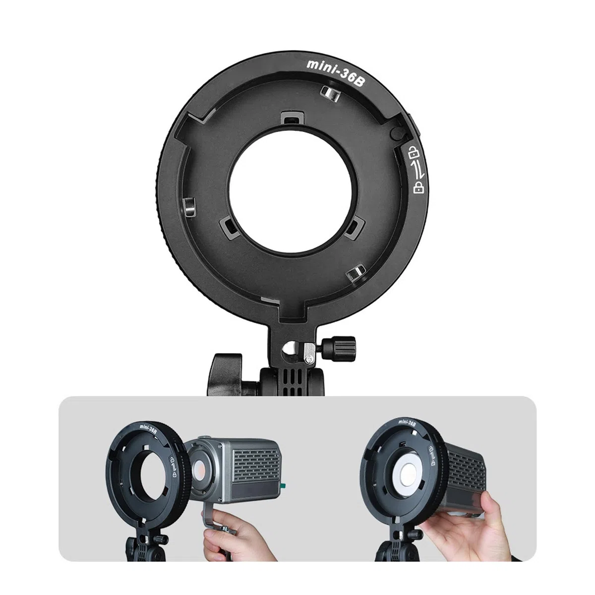 Soporte de Adaptador de Montaje de Bowens, Mini a Anillo de Adaptador de Montaje de Bowens Estándar con Enchufe Paraguas, 180 Inclinación, para Luces LED, Softboxes, Paraguas