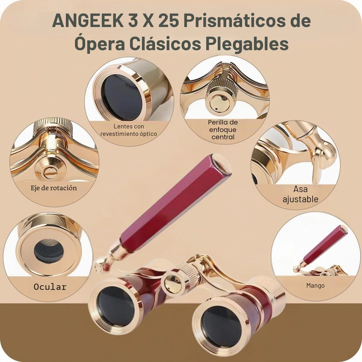 3X25 Opera Theater Horse Racing Glasses Binocular Telescope with Handle/Accessory Kit Women Telescope (Red)