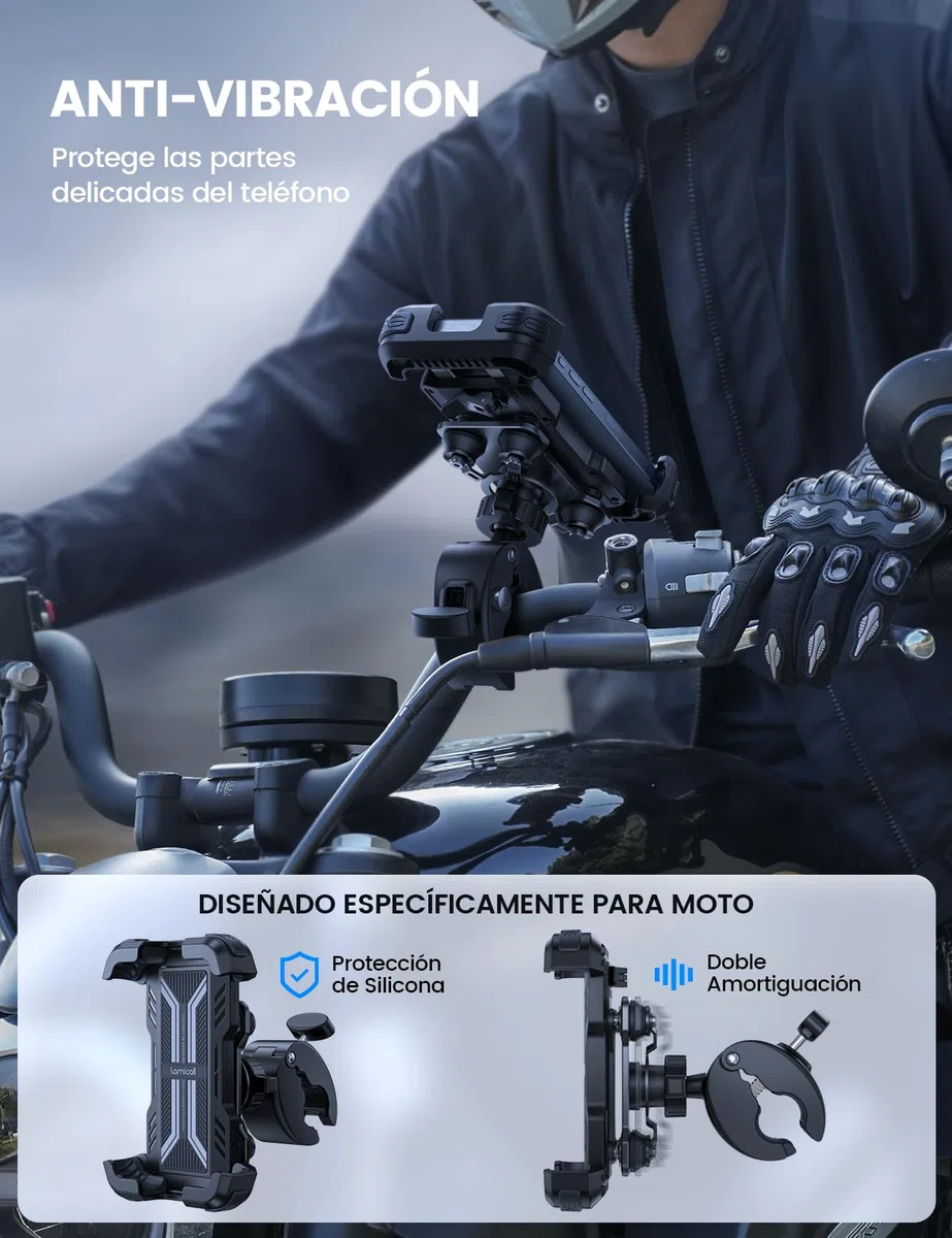 Lamicall Soporte Móvil Moto Antivibración - [con Doble Amortiguador] 360°Rotación, 1S Liberación con un Botón, Soporte Teléfono Bicicleta para iPhone 17 16 15 14 13 Series, Huawei, 4,7-6,8” Smartphone
