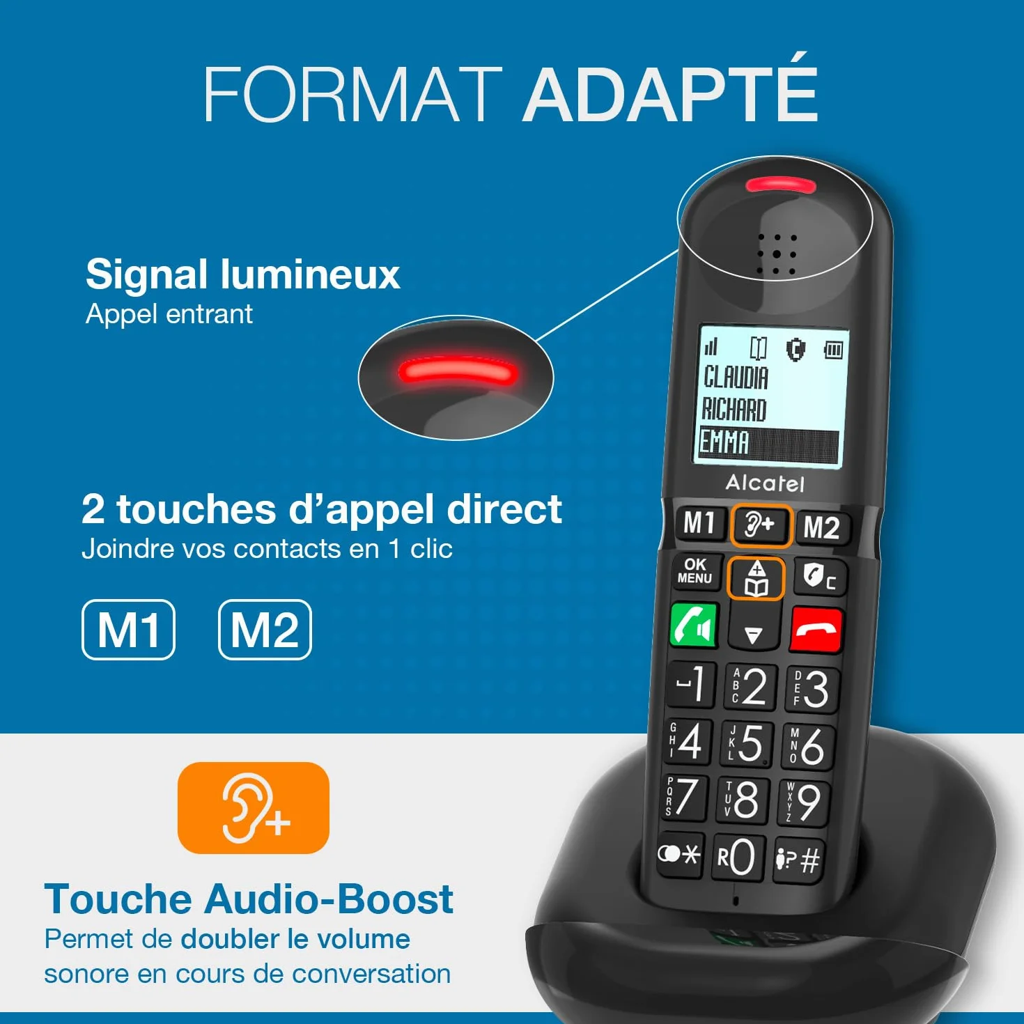 ALCATEL XL685 - Teléfono Inalámbrico DECT Senior Tamaño XL - Pantalla Gráfica - Teclas Grandes - Audio Boost - Manos Libres - Bloqueo de Llamadas - Negro