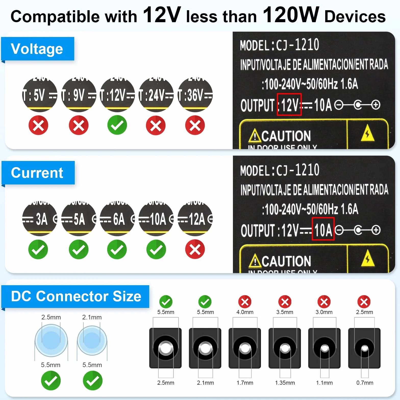 Adaptador de Alimentación AC/DC 12V 10A, Conversor de 100-240V AC a 12V DC con Conector de Corriente DC, Ideal para Tiras LED, Routers y Otros Dispositivos
