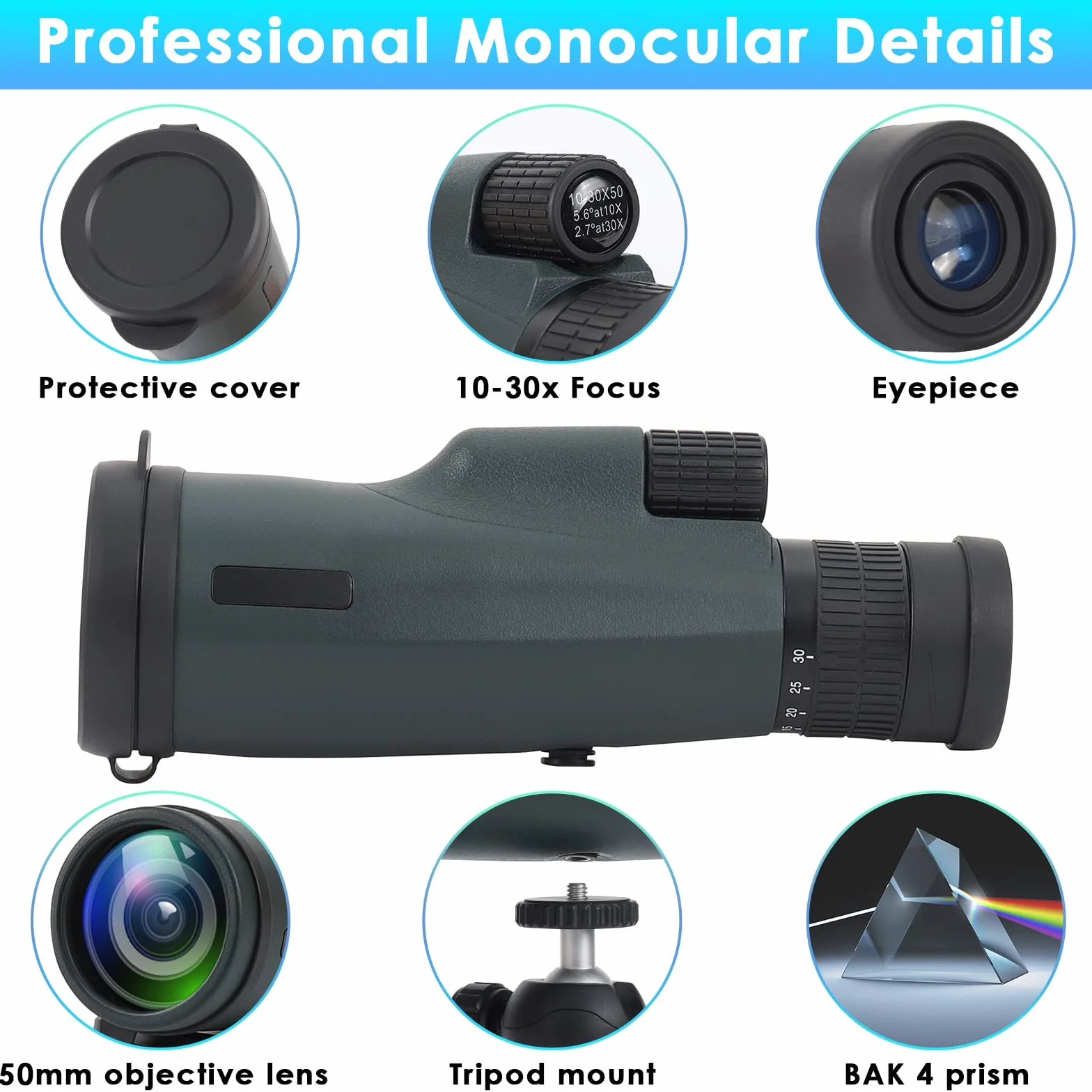 Monocular 10-30x50 HD Zoom, Czemo Largo Alcance Impermeable y Antivaho com Prisma BAK-4 y Soporte Teléfono y Trípode para Observación de Aves Caza