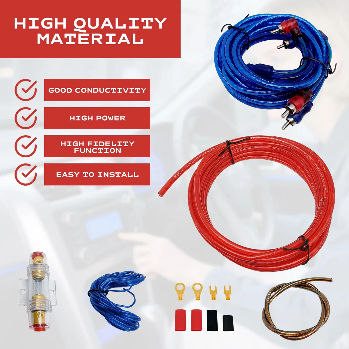 10GA Kit de Cableado para Amplificador de Coche, Kit de Cables Instalación Amplificador Subwoofer, Kit de Cableado de Amplificador de Coche Kit de Cableado Amplificador con Fusible