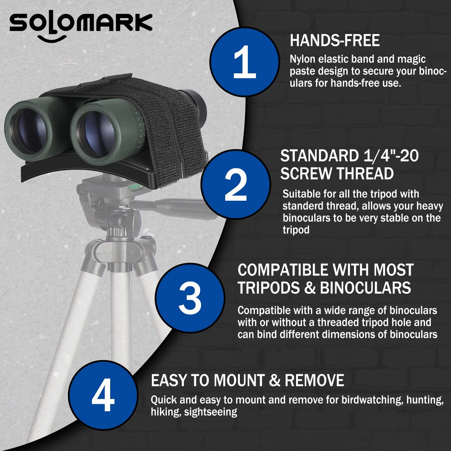 SOLOMARK Soporte universal para prismáticos, 1/4-20 para prismáticos de conexión estable, compatible con la mayoría de trípodes