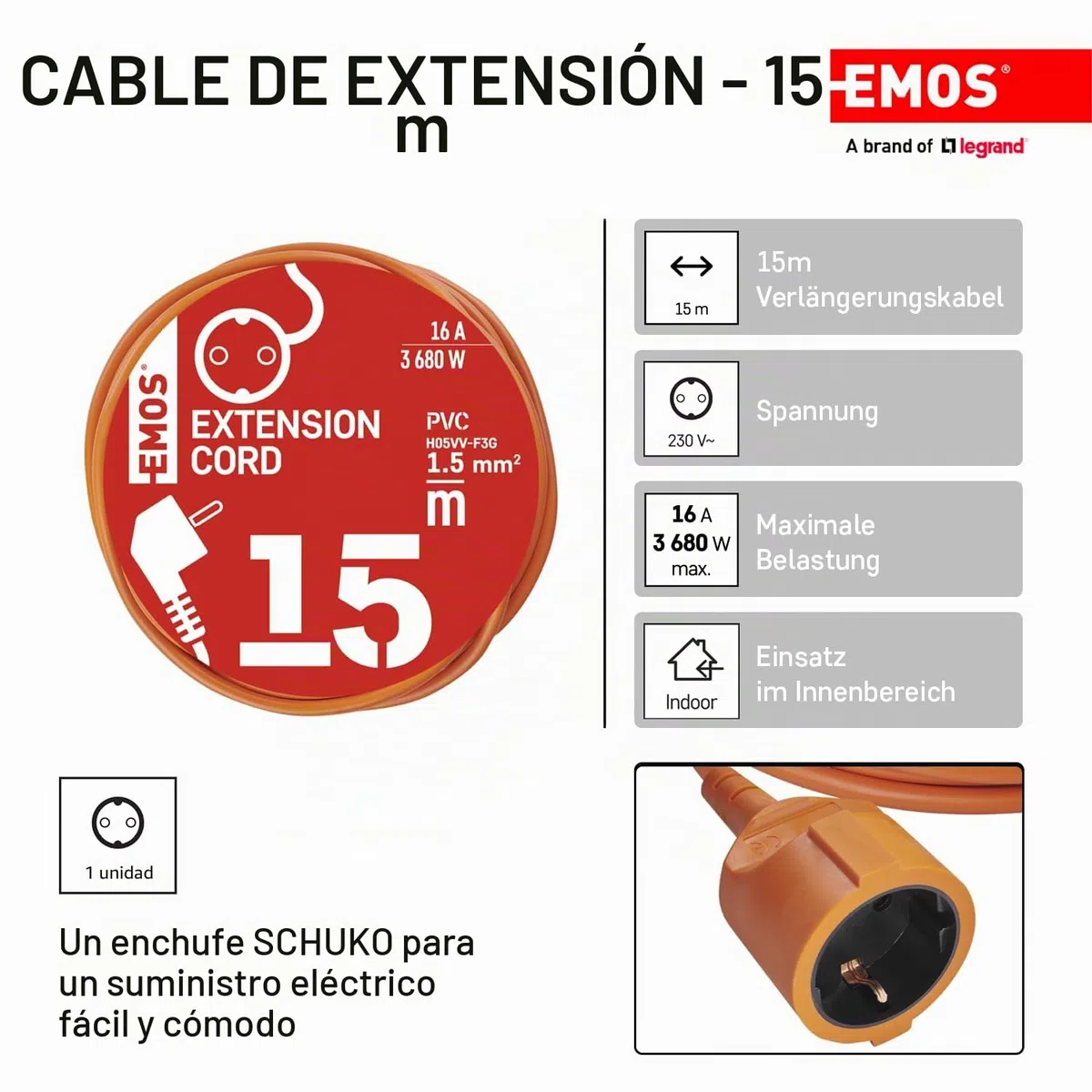 EMOS - Cable alargador IP20 de 15 m - 1 Enchufe Schuko - 230 V, 16 A, 3680 W - Aislamiento de PVC H05VV-F3G 1,5 mm2 - Protección táctil Mejorada - para Uso en Interiores - Naranja