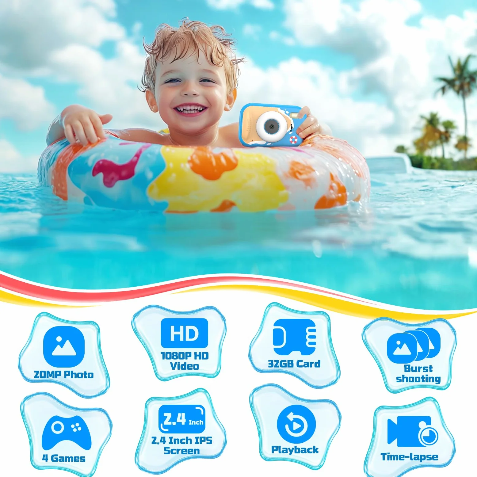 Cámara Subacuática Infantil 20MP - Resistente al Agua 3m, 1080p HD, Pantalla 2.4" + SD 32GB | Ideal para Selfies, Natación y Playas (Rosa)