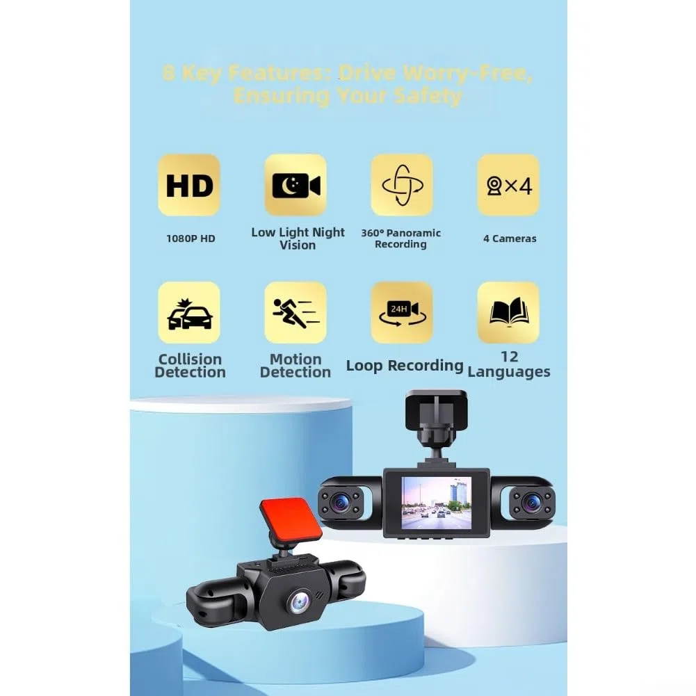 Zoegneer Cámara de salpicadero de 360 grados de 4 canales 4K delantera y 1080P lateral trasera con pantalla IPS de 3,16 pulgadas, detección de movimiento, grabación cíclica para coches, SUV, camiones