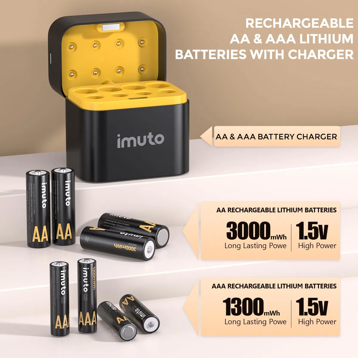 imuto 8 Piezas Pilas Recargables AA/AAA,Batería AA AAA 3000/1300 mWh 1.5V Litio Alta Capacidad más de 1600 ciclos con Carga rápida Negra Cargador de Pantalla LED