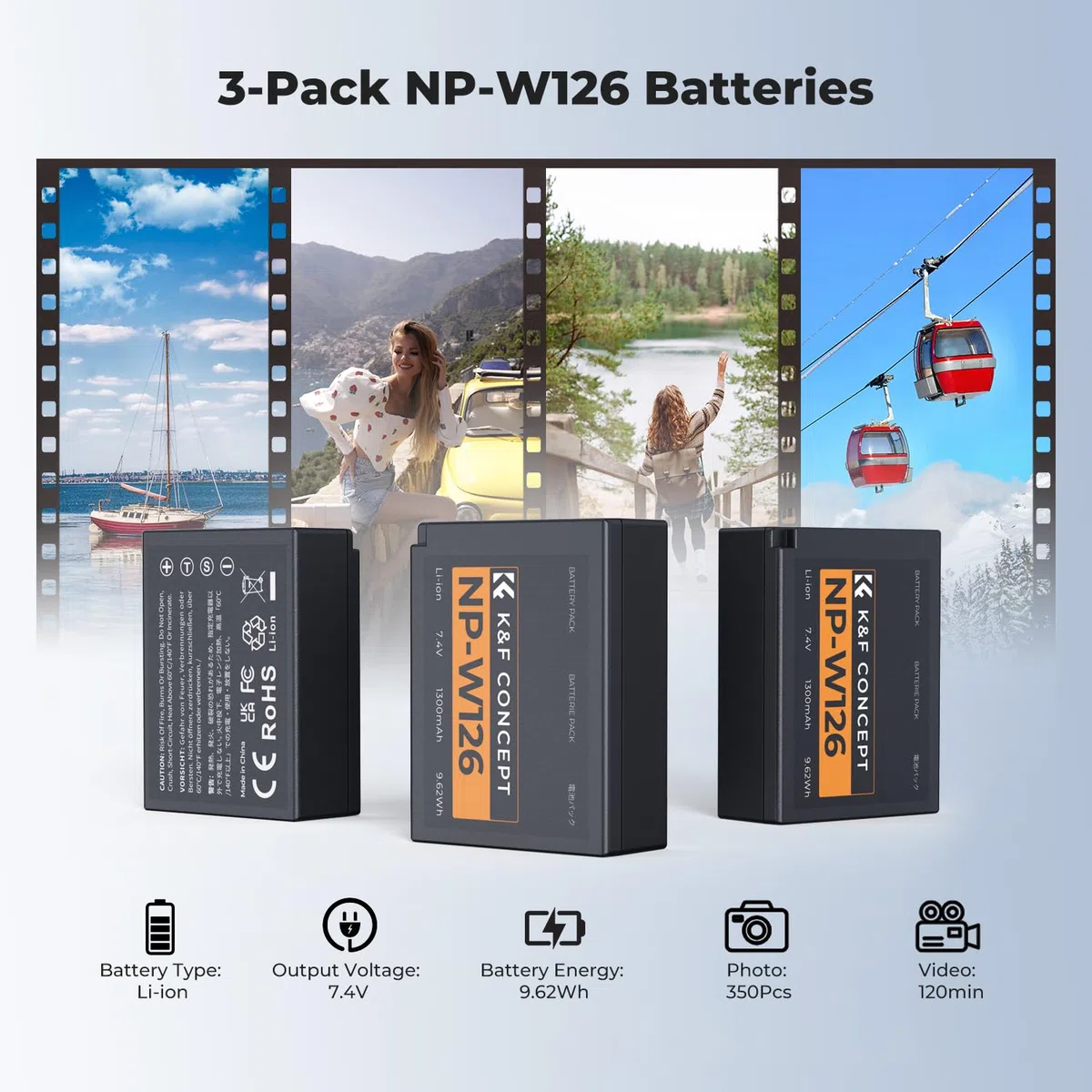 K&F CONCEPT 3-Pack Baterías NP-W126/NP-W126S y Cargador 3 Ranuras, 1300mAh Totalmente Decodificado Compatible con Fujifilm XM5/X100VI/X100V/XS10/XT30 II, LCD y Entradas Micro USB/Type-C