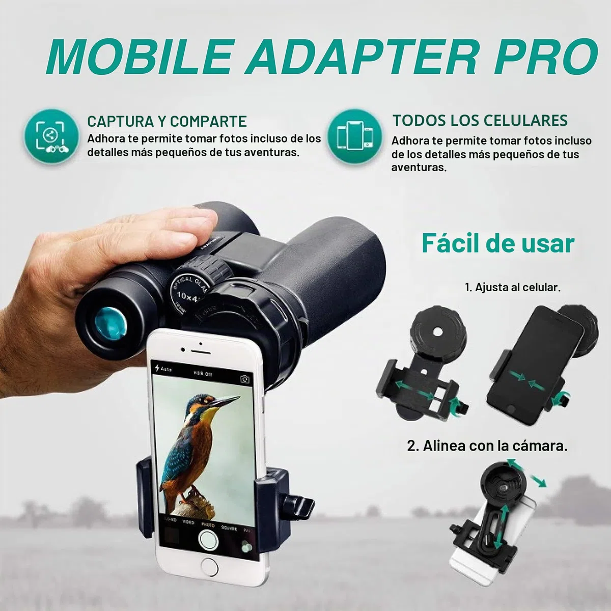 Adaptador de Móvil Pro para Prismáticos, Monoculares, Telescopios Terrestres, Telescopios Astronómicos, Microscopios. Compatibles con Cualquier Smartphone. Ideal para Capturar Tus Aventuras.