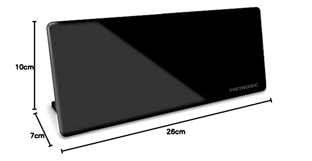 Metronic 416808 - Antena TV TDT Interior, para HDTV, UHD, 4K / DVB-T/DVB-T2 / UHF, Filtro 5G, recibe emisoras Radio Dab+, Ganancia 92, extraplana, con pie de Soporte o fijación Mural, Negro