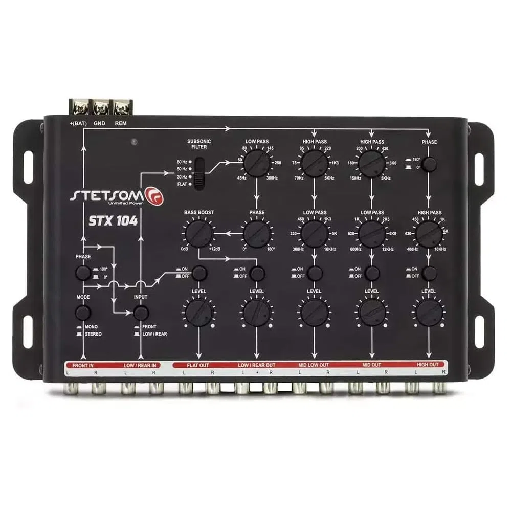Kit Set para Stetson STX104 1 Crossover electrónico de 5 vías, Ecualizador, 4 entradas, 5 Salidas, con Refuerzo de Graves y Filtro subsónico, para Coche, 1 Pieza