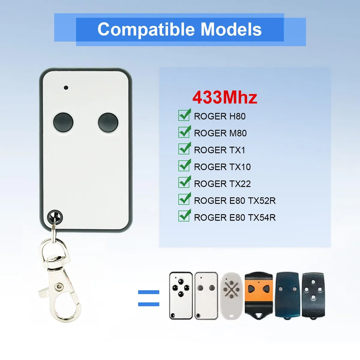 433,92MHz Mando Garaje Universal,2 Unidades de Mando a Distancia para Roger E80, TX52R/E80, TX54R, H80, TX1M80,2 Canales Clonador Mando Garaje Inalámbrico