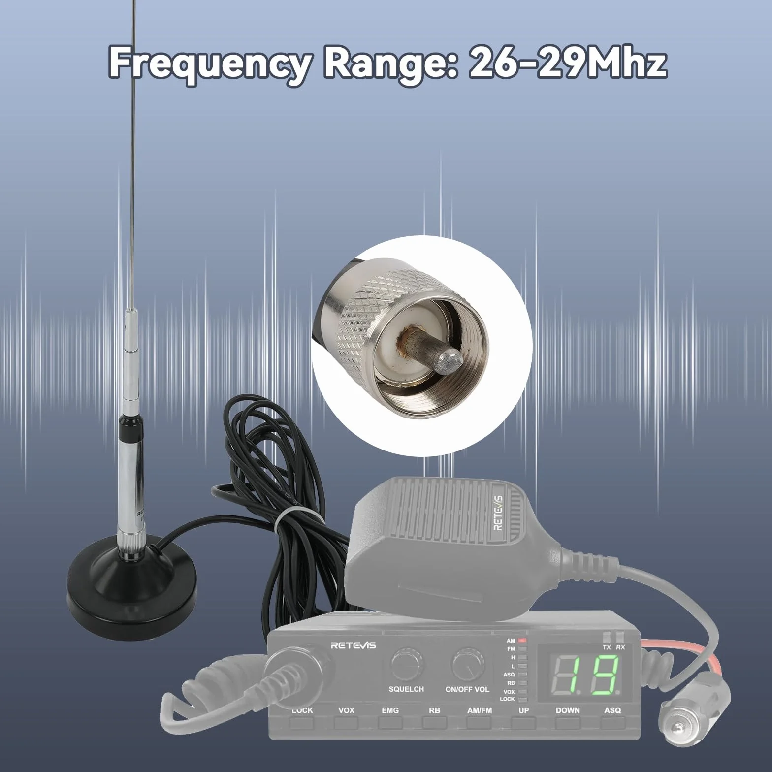 Retevis MR500 CB Antena, Longitud 1,2 m, 50Ω, PL259, Montaje Magnético, Acero Inoxidable, Antena de Radio CB, Cable RG58 de 5 m, Antena CB 27 mhz Coche Compatible con President Randy-III MB62 MB63A