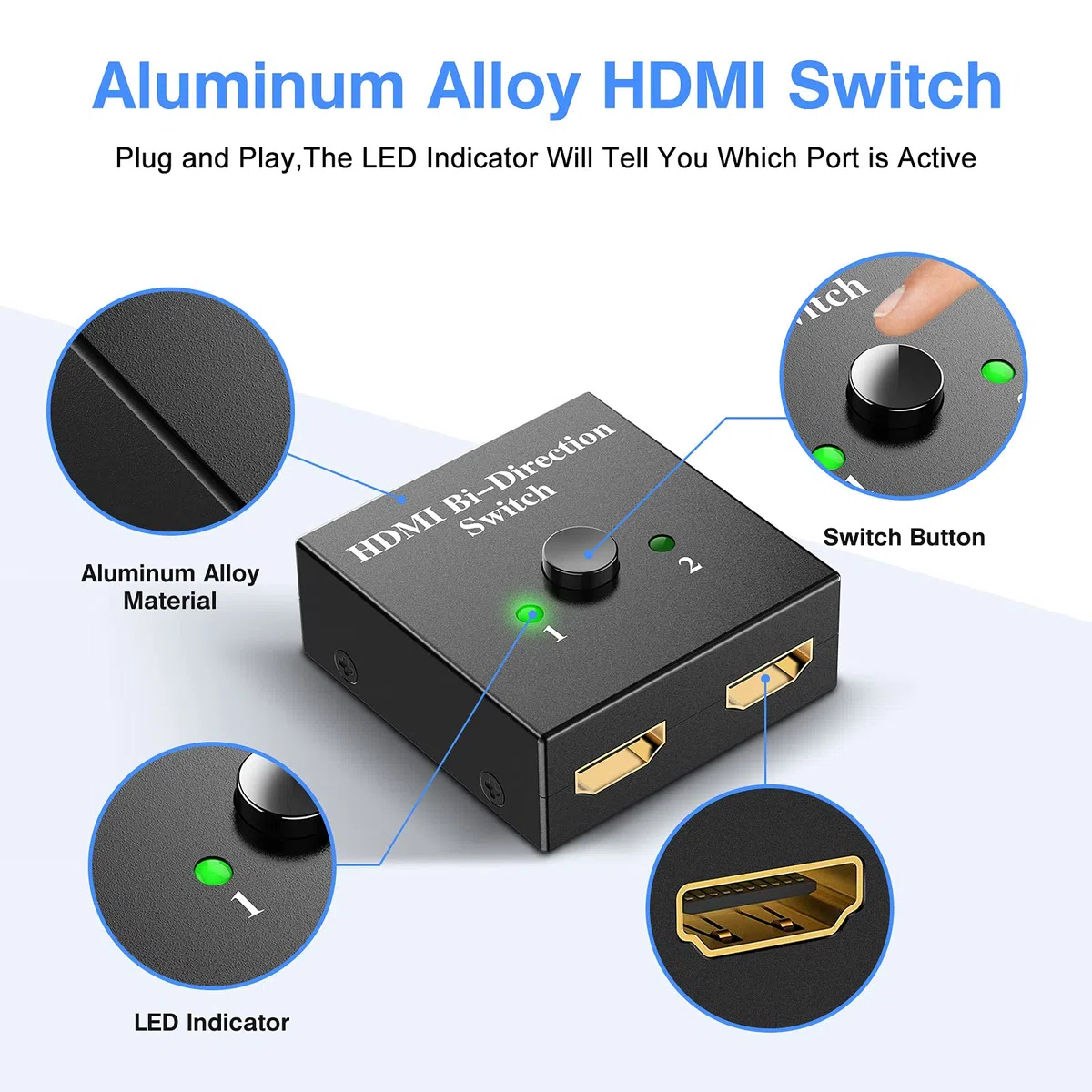 Switch HDMI 4K, Conmutador HDMI Switch 4K Aluminio Bidireccional 2 Entradas a 1 Salida o Switch 1 in 2 out, Duplicador HDMI Soporta 3D y 1080P, HDMI 2.0 Splitter para HDTV, BLU-Ray Player, PS3, Xbox