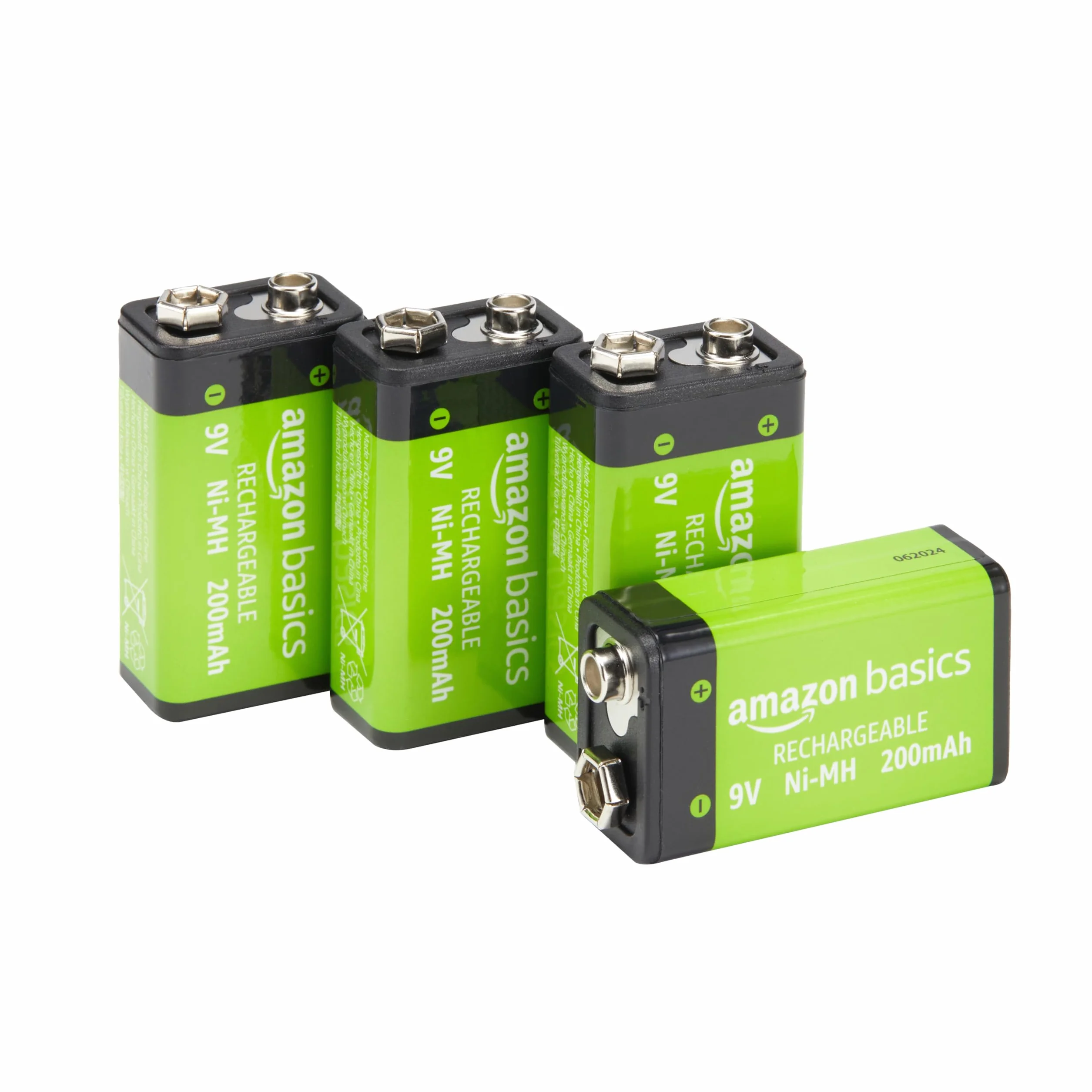 Amazon Basics - Paquete de 4 pilas recargables de 9 V NiMH, 200 mAh, recargables hasta 1000 veces, precargadas