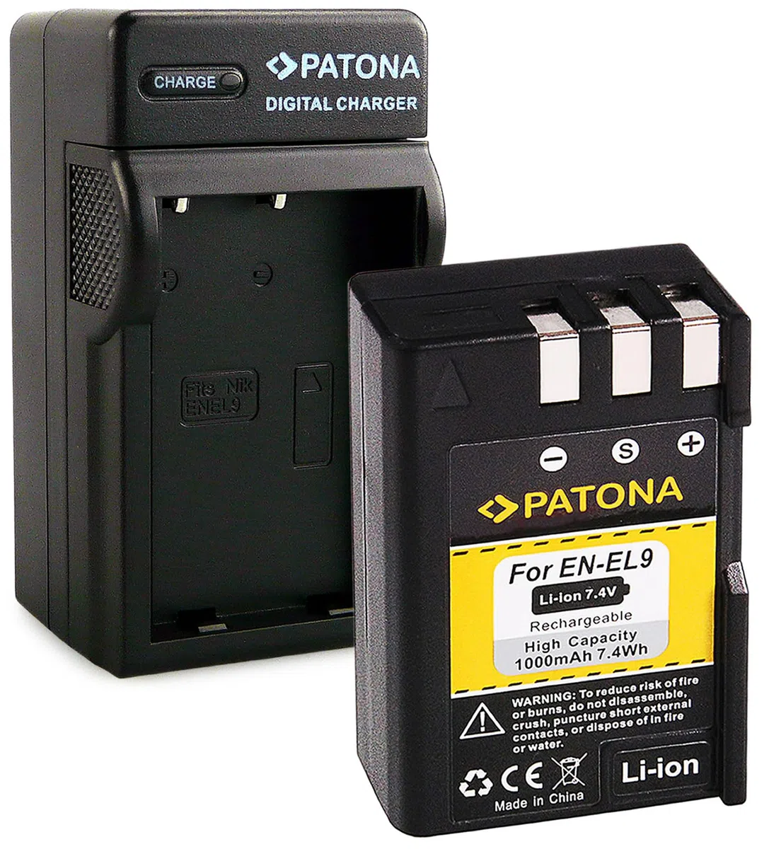 PATONA 3en1 Set Cargador + Batería EN-EL9 – Recambio para Nikon EN-EL9, EN-EL9a – para Nikon D40, D40x, D60, D3000, D5000 – Mantiene Viva tu réflex de Confianza