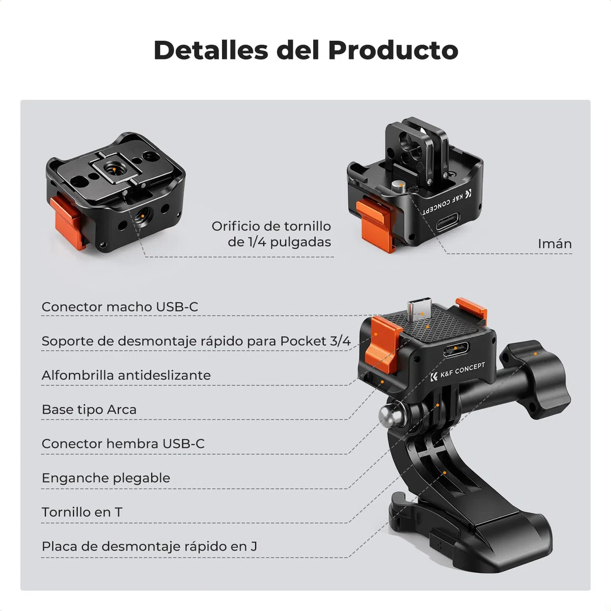 K&F CONCEPT PP61 Base Carga Rápida Magnética Compatible con dji Osmo Pocket 4/3, Adaptador Arca-Swiss y 1/4" para Action CAM, Dock Vlog Aluminio CNC