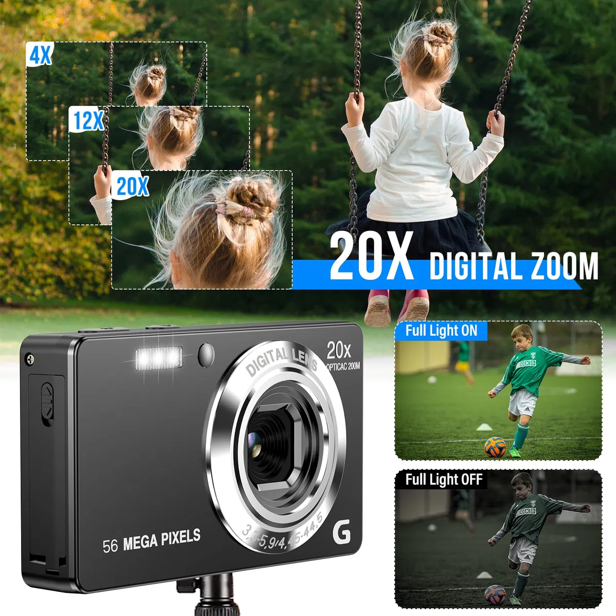 Cámara Digital Compacta 56MP 2160P HD Cámara de Fotos 20X Digital Zoom 2,7" LCD Cámara Portátil Compacta con Tarjeta 32GB, Recargable Cámara para Niños, Principiantes, Adulto